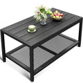 ODK Outdoor Coffee Table with Double-Layer Storage, Rectangle Weather-Resistant Patio Coffee Table for Garden, Balcony, Hot Tub, Poolside, Heavy-Duty Metal Frame, Black