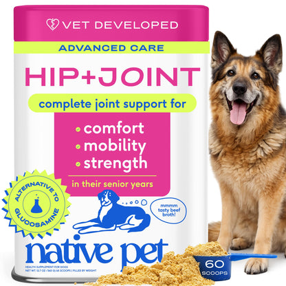 Native Pet Hip & Joint Advanced Care Dog Joint Supplement Powder for Mobility & Movement Support, Joint Supplement for Dogs with HMB, UC-II Collagen, Green Lipped Mussel & Hyaluronic Acid – 30 Scoops
