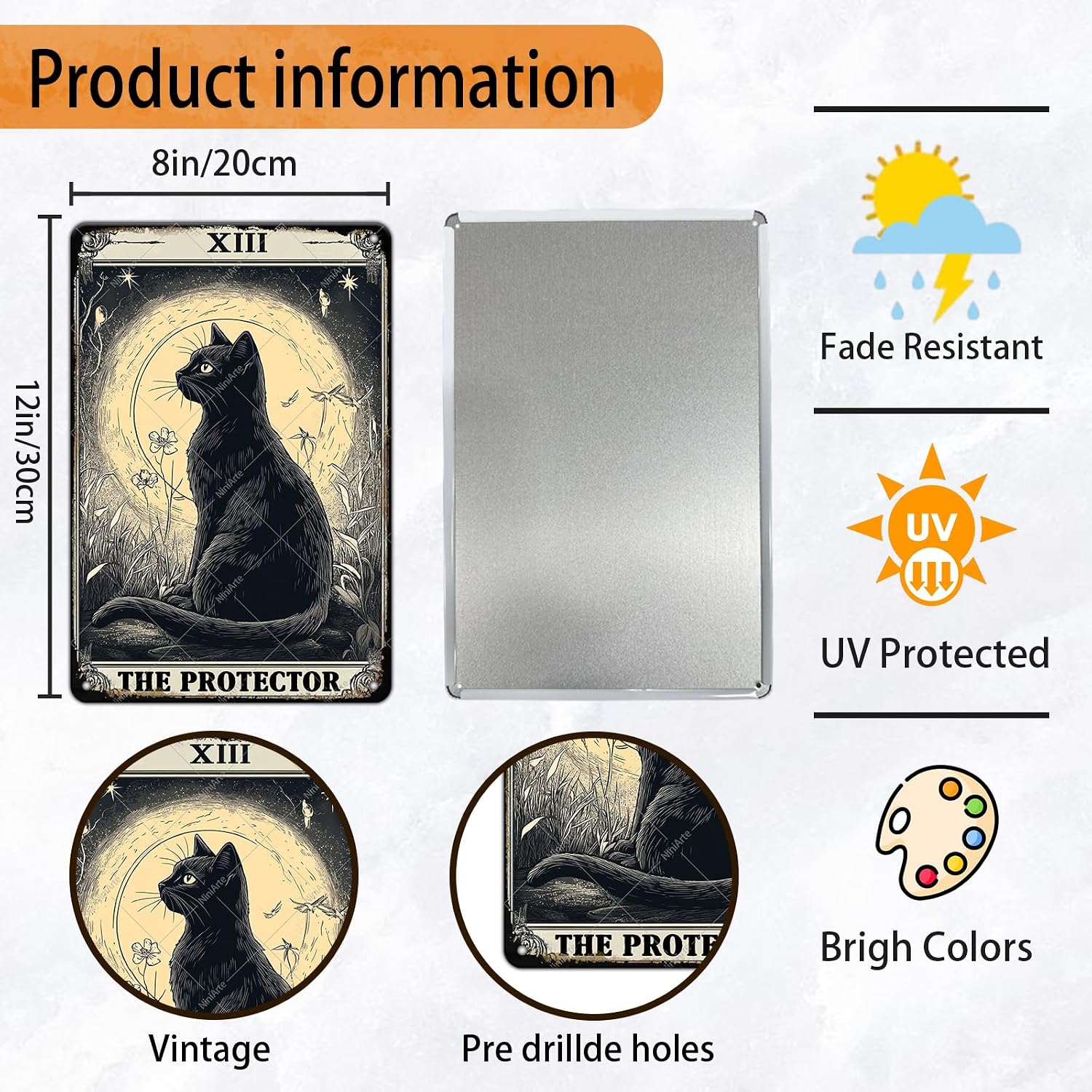 Vintage Tin Sign Metal Plaque Black Cat The Protector Tarot Cat Metal Sign Retro Wall Decor for Home Hotel Cafes Gift 12x8 Inch
