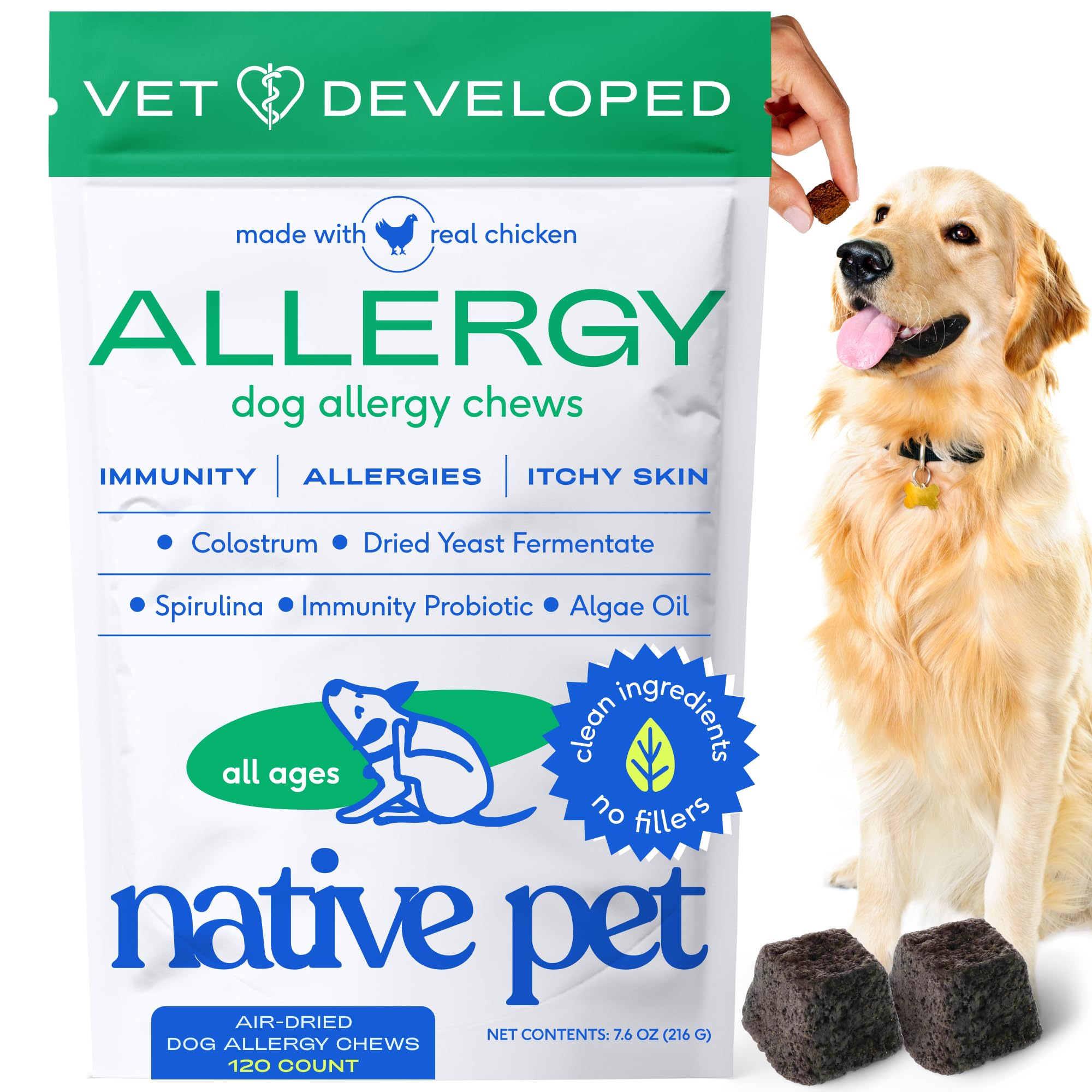 Native Pet Dog Allergy Chews - Dog Allergy Relief for Medium Breeds - Supports Seasonal Itch Relief, Healthy Immune Function & Reduces Sneezing - Colostrum, Spirulina, & Probiotics - 30 Days Supply