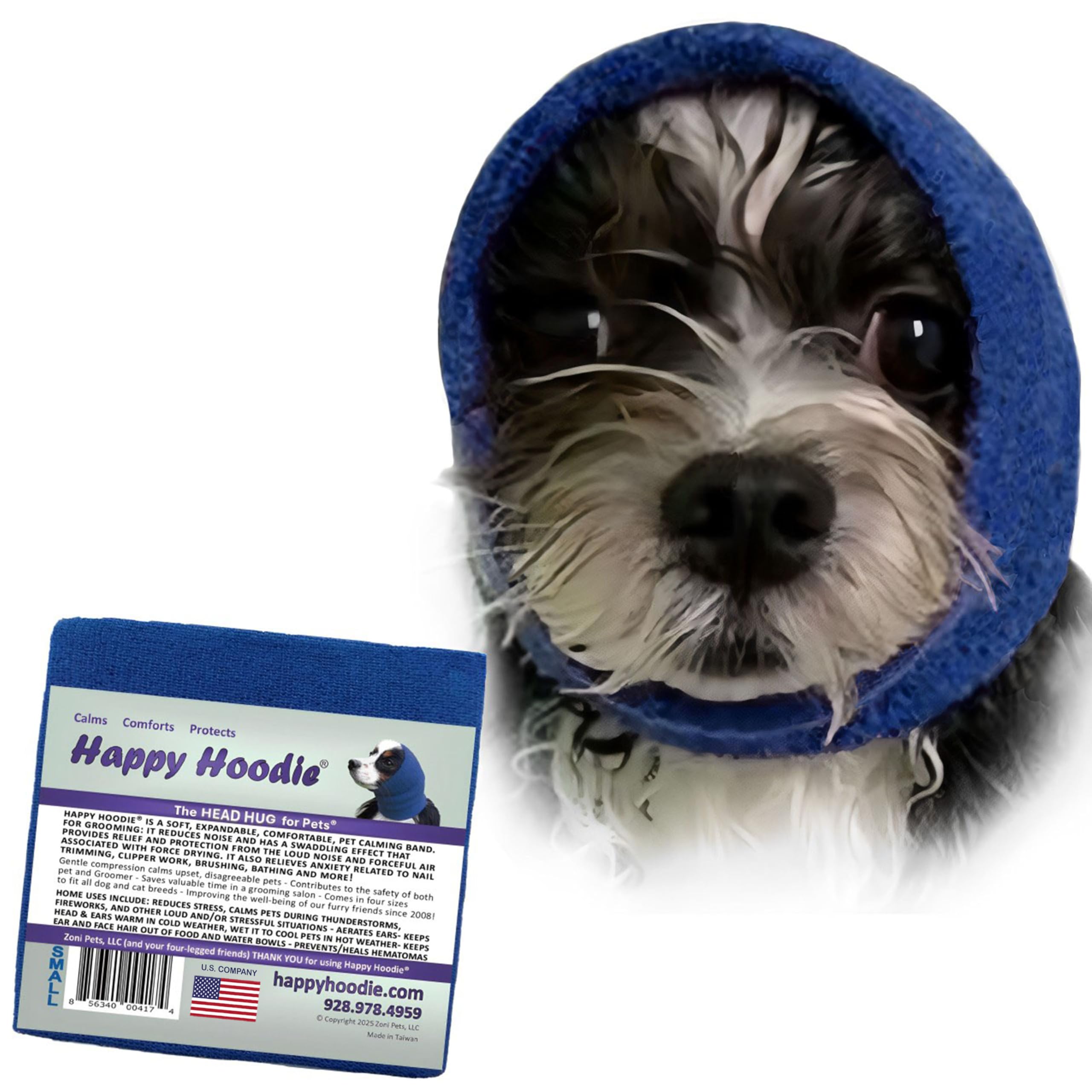 Happy Hoodie The Original Dog & Cat Calming Band - American Brand - Anxiety Relief/Noise Protection-Grooming-Thunder-Fireworks (Large, Blue) - Since 2008