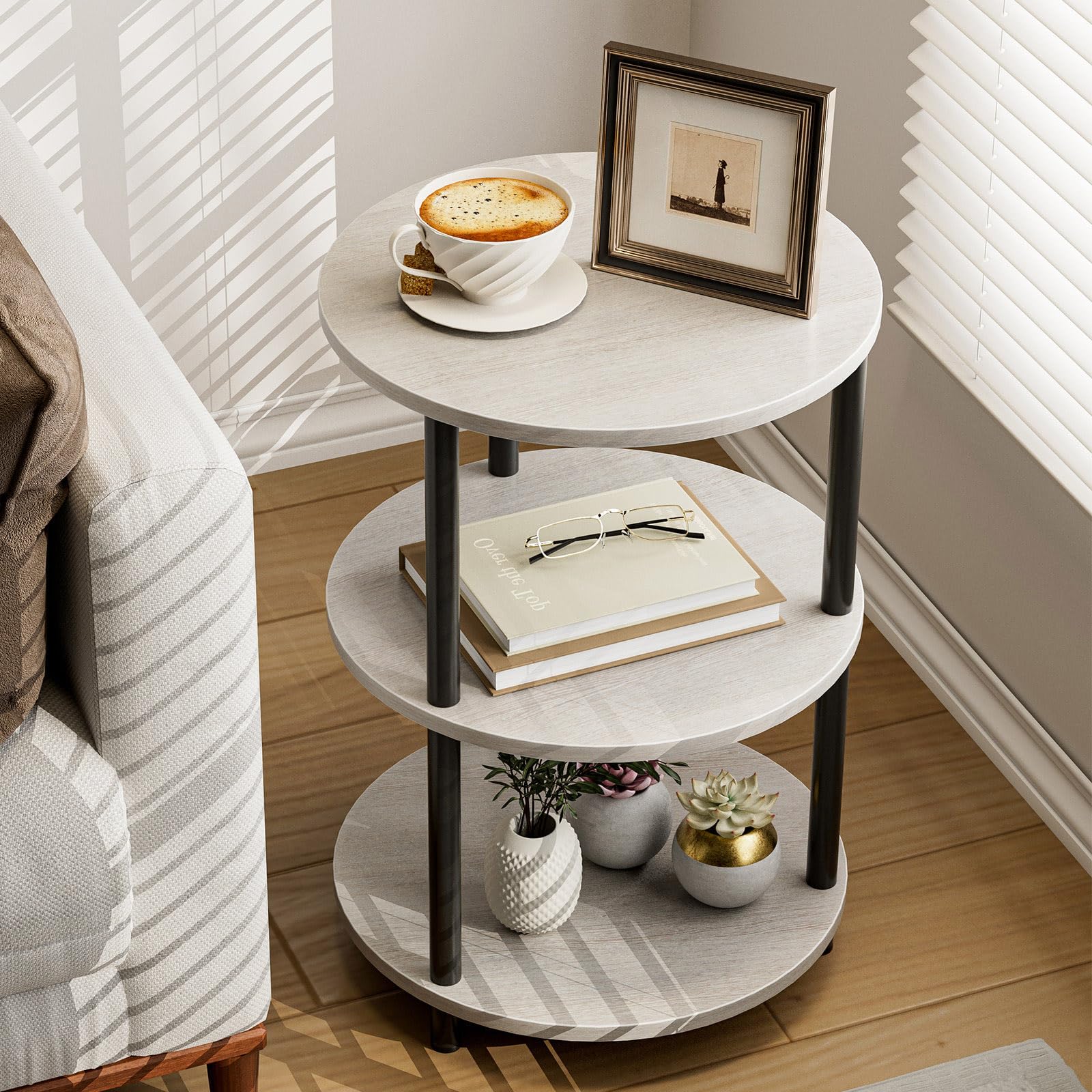 XBurmo Small Round Coffee Table - 3 Tier Design Accent Table, Narrow Side or Bedside Stand, Industrial Vintage Nightstand for Bedroom, Living Room, or Small Spaces, Rustic Brown