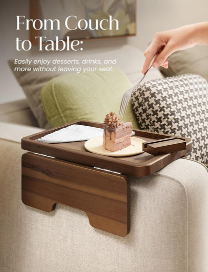 HOLANA 15.75" Acacia Couch Armrest Table - Wood Couch Arm Tray with Phone Holder – Sofa Side Table, Armchair Caddy, Sofa Arm Table for Home Sofa Living Room (Walnut)