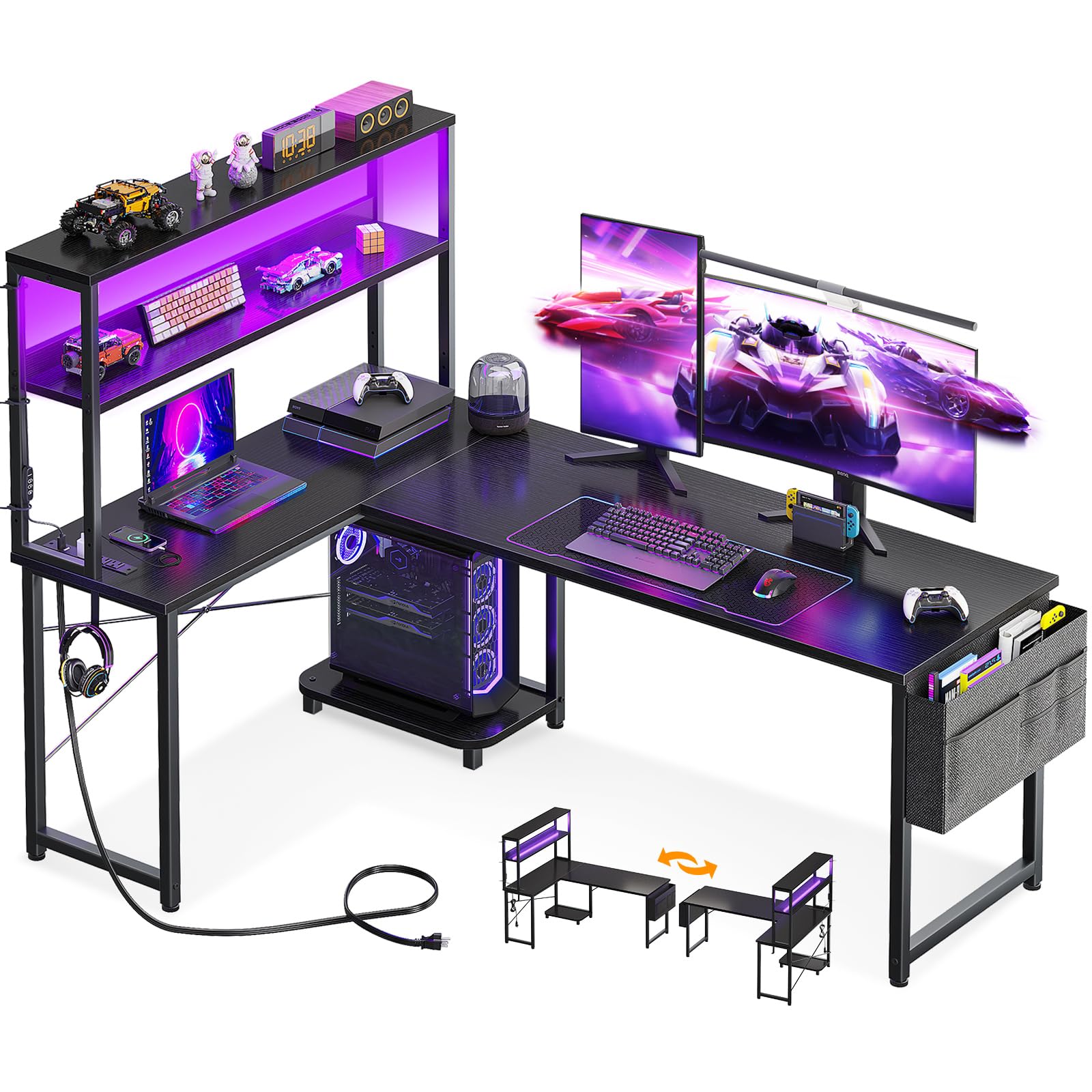 AODK L Shaped Desk Gaming Desk with LED Light & Power Outlet, 53 Inch Reversible L Shaped Computer Table with Shelf & Storage Bag & Hook for Home Office, Black