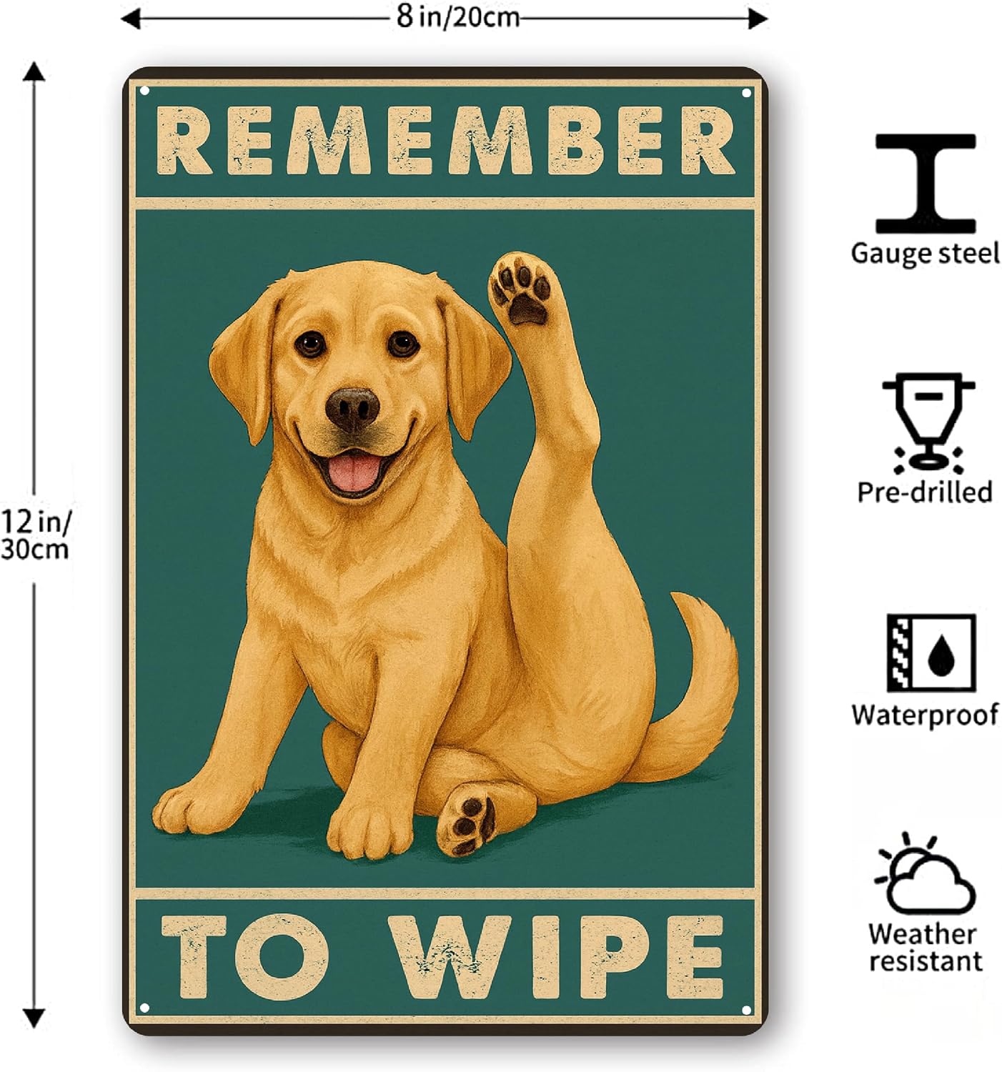 Funny Bathroom Sign, Remember to Wipe Metal Tin Sign, Dog Bathroom Wall Decor, Vintage Bathroom Accessories for Home Guest Restroom, Toilet Humor Wall Art - 8x12 Inch