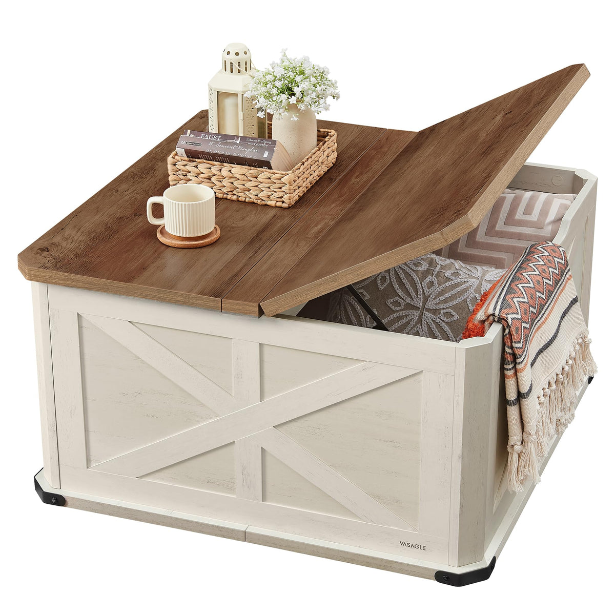 VASAGLE LIRY Collection - Farmhouse Coffee Table with Storage, Square Coffee Table for Living Room, Center Table with Flip-Top Lids, Honey Brown and Rustic White ULCT232W73