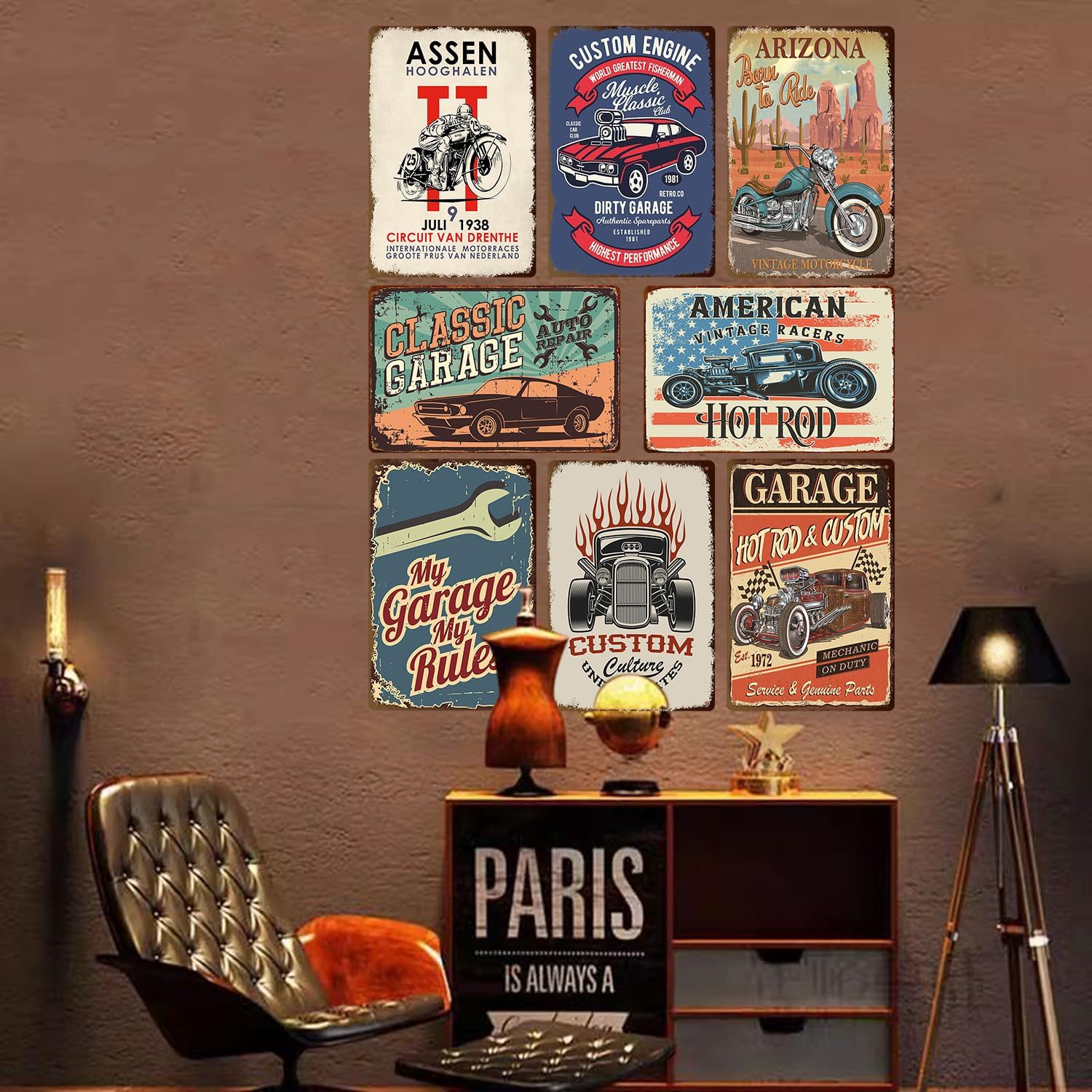 8 Pcs Vintage Tin Garage Signs,Vintage Metal Tin Signs Retro Garage Signs For Men Wall Decorations Car Posters Man Cave Decor 8×12 Inch（8pcs）