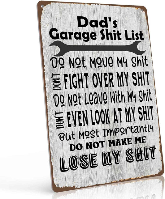 Dad's Garage Shit List 8x12 Inch Aluminum Metal Sign - Funny Man Cave Wall Decor for Garage, Workshop, Home Bar - Retro Handyman Gift Tin Sign for Fathers & Mechanics