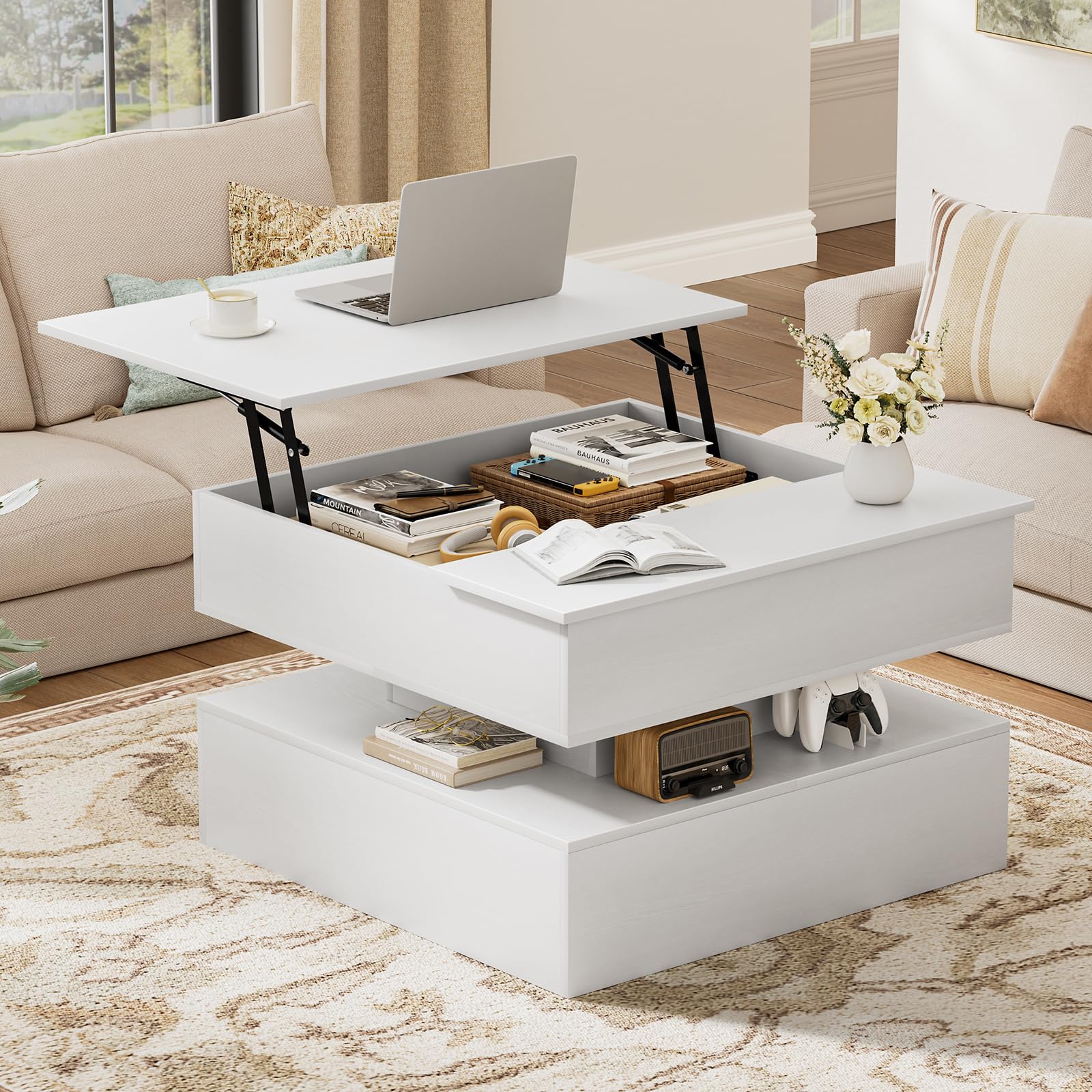 FABATO Lift Top Coffee Table with Storage and Hidden Compartment, Wood Square Coffee Table for Living Room,31.5'' Small Center Table with Open Display Shelf for Dining Reception Room, Black