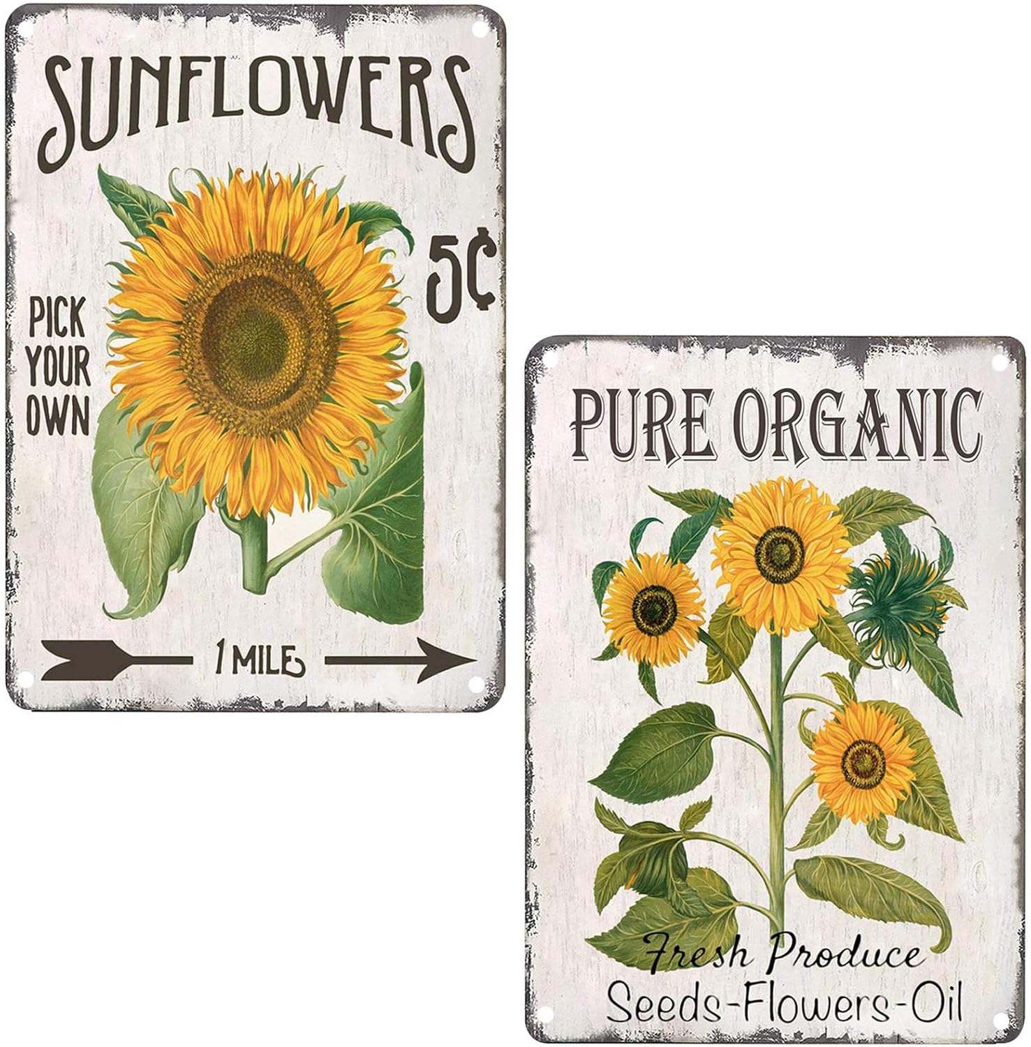 TISOSO Pure Organic Sunflower Retro Vintage Tin Bar Sign Country Home Decor for Home Living Room Bedroom Decoration 2 Piece 8X12Inch