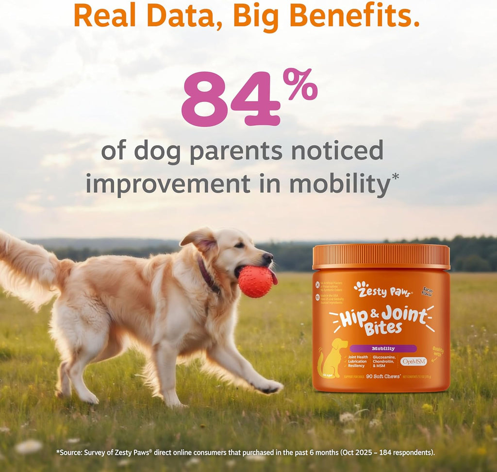 Zesty Paws Hip and Joint for Dogs, Glucosamine for Dogs Hip and Joint Supplement with Chondroitin, MSM, Vitamins C & E - Bacon, 90 Count