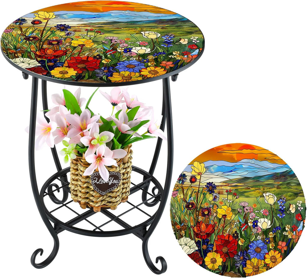 Cinnvoice Outdoor Side Table Round Small Mosaic Patio Accent Indoor End Plant Coffee Tea Table for Yard Patio Porch Garden Living Room, Bedroom(Butterfly Style,14 Inch)