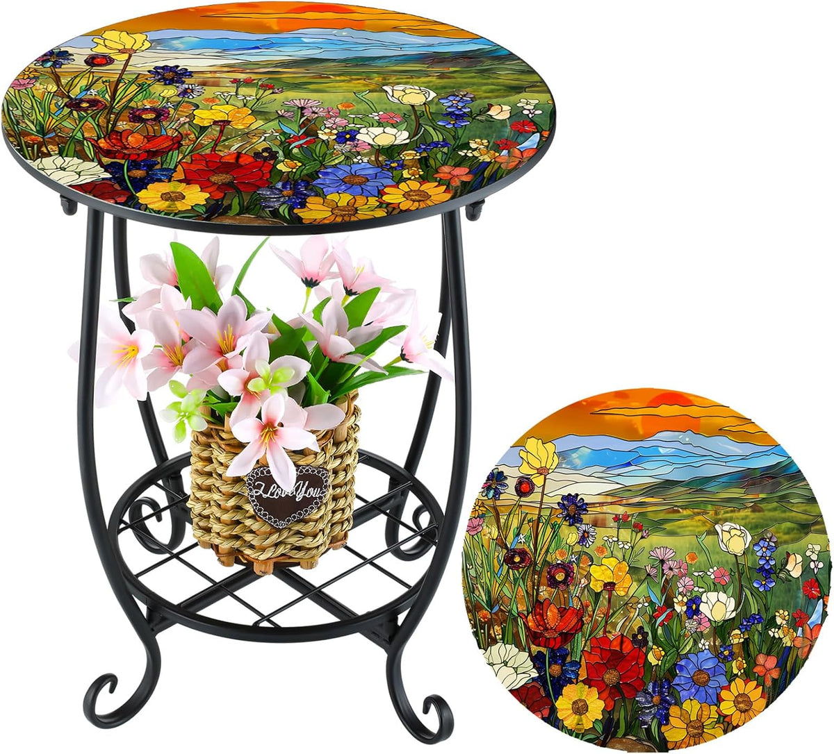 Cinnvoice Outdoor Side Table Round Small Mosaic Patio Accent Indoor End Plant Coffee Tea Table for Yard Patio Porch Garden Living Room, Bedroom(Butterfly Style,14 Inch)