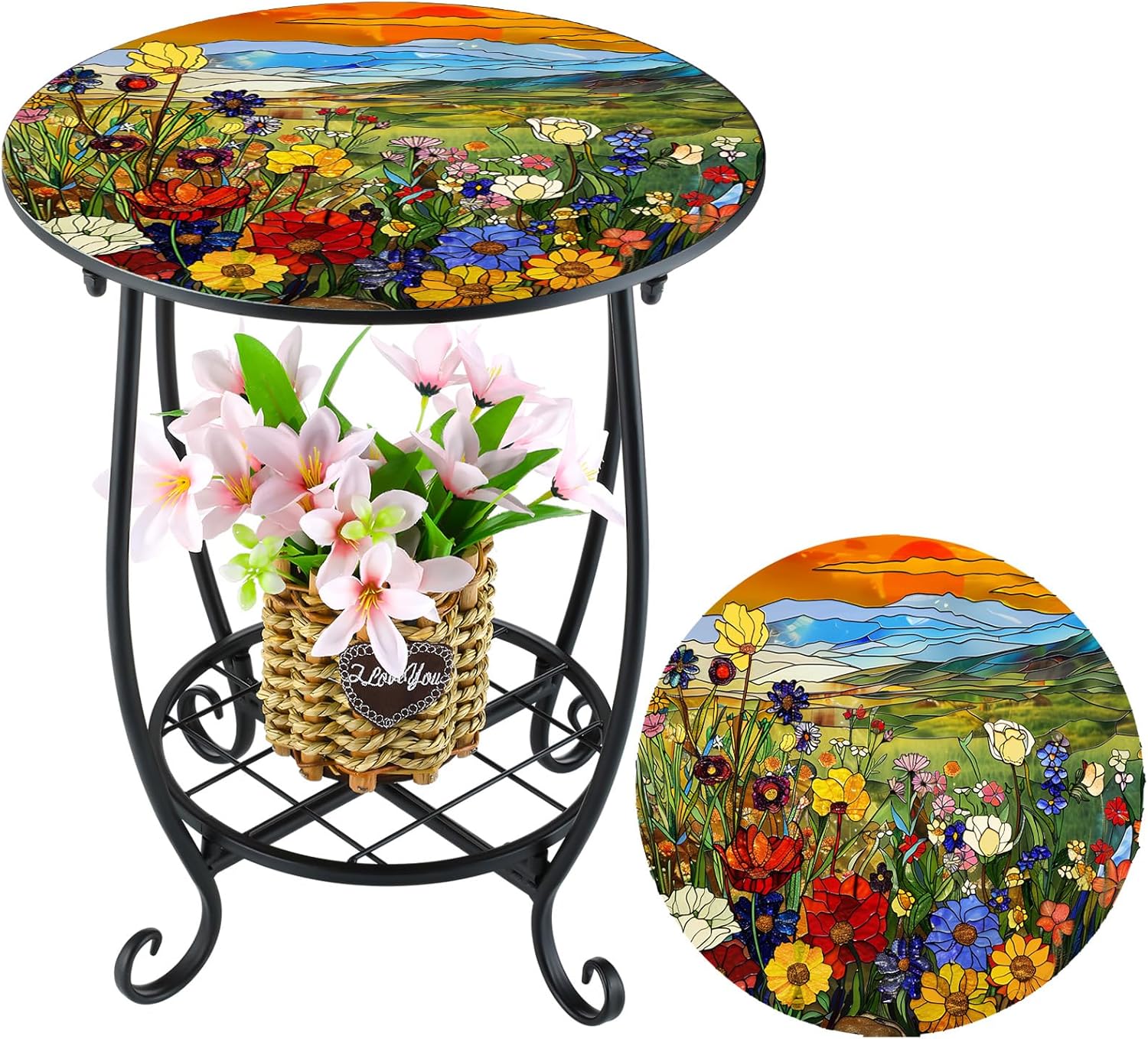 Cinnvoice Outdoor Side Table Round Small Mosaic Patio Accent Indoor End Plant Coffee Tea Table for Yard Patio Porch Garden Living Room, Bedroom(Butterfly Style,14 Inch)