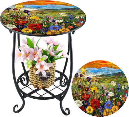 Cinnvoice Outdoor Side Table Round Small Mosaic Patio Accent Indoor End Plant Coffee Tea Table for Yard Patio Porch Garden Living Room, Bedroom(Butterfly Style,14 Inch)