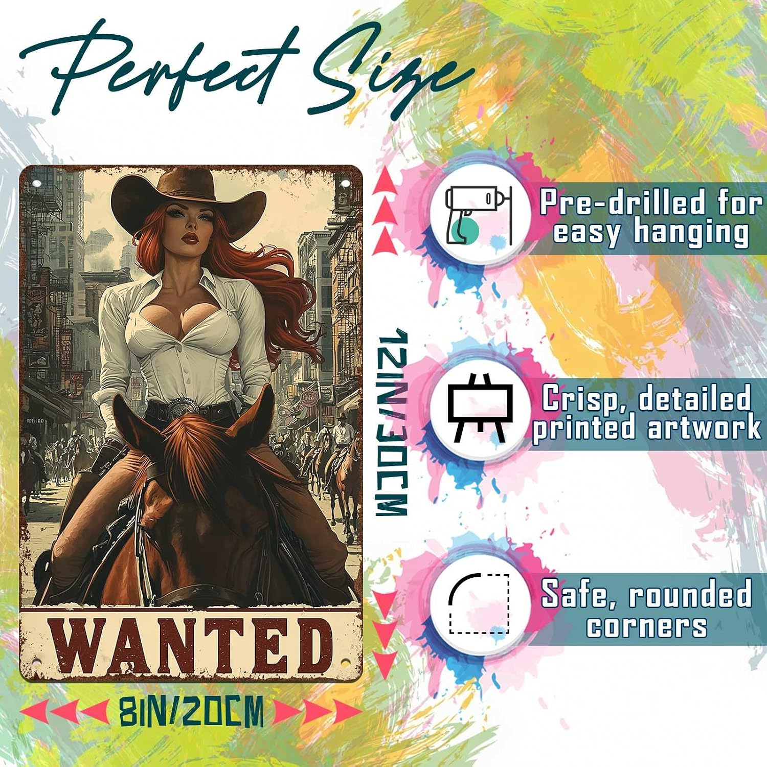 Western Wanted Tin Sign Vintage Metal Poster Rustic Wall Decor Cowgirl Pin Up Art Retro Iron Painting 8x12inch