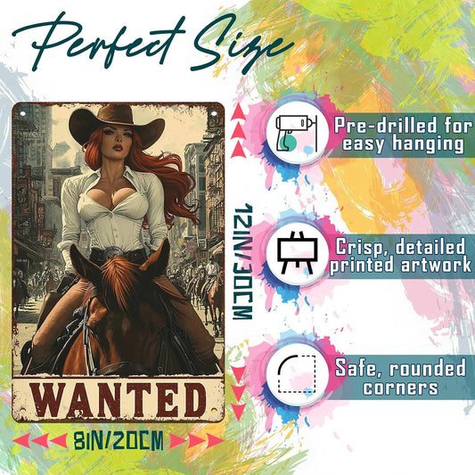 Western Wanted Tin Sign Vintage Metal Poster Rustic Wall Decor Cowgirl Pin Up Art Retro Iron Painting 8x12inch