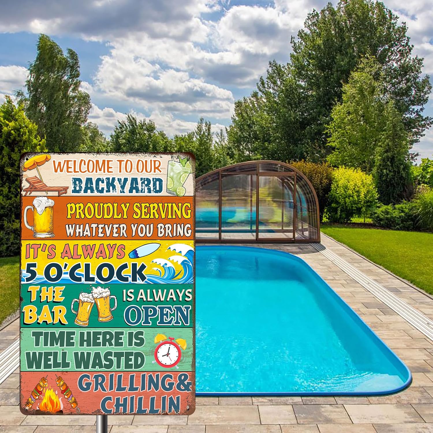 Vintage Metal Tin Sign Welcome to Our Backyard Home Yard Porch Decor Patio Pool Bar Coffee Wall Decor Tin Sign 12x8 Inches