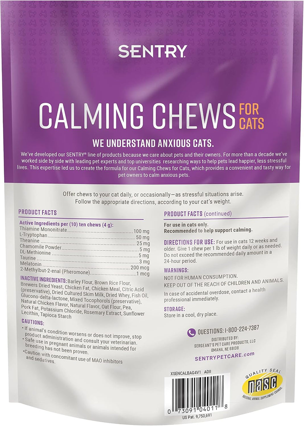 Sentry Calming Chews for Cats, Calming Aid Helps to Manage Stress, With Pheromones That May Help Curb Destructive Behavior, Calming Health Supplement for Cats, 4 oz.