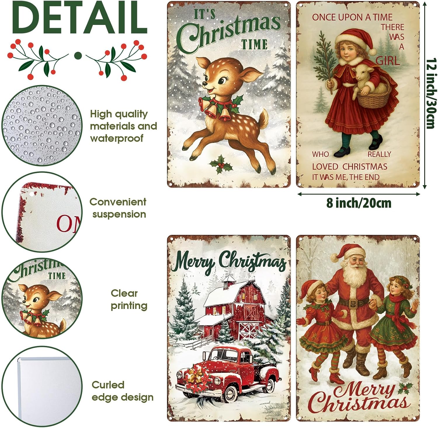 4 Pcs Vintage Christmas Wall Sign Metal Red Truck Little Girl Plaque Sign Decorations Santa Claus Elk Wall Art for Home Coffee Shop Retro Christmas Decor, 8 x 12 Inch