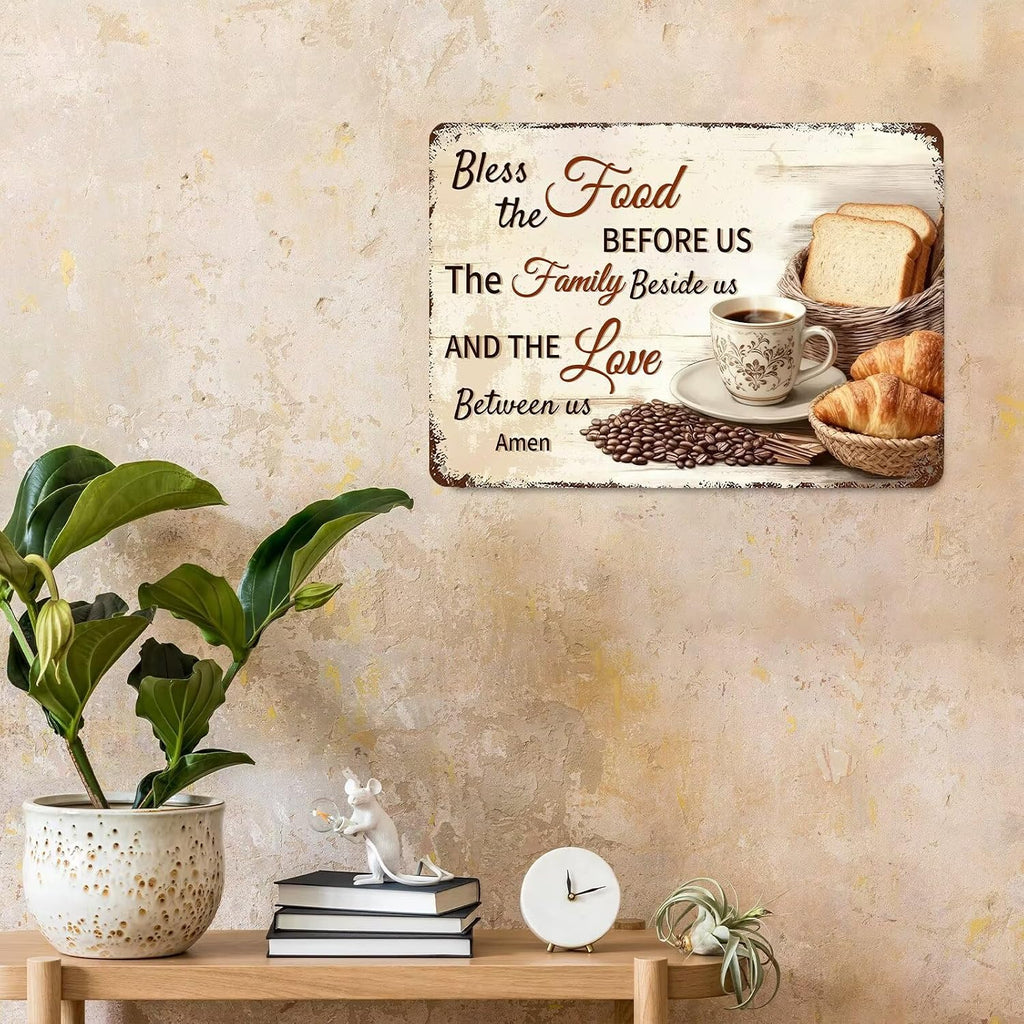 Bless the Food Before Us Wall Decor Christian Gift Bible Verse Metal Tin Signs Inspirational Sign for Farmhouse Kitchen Dining Room Wall Decor 8x12 Inch