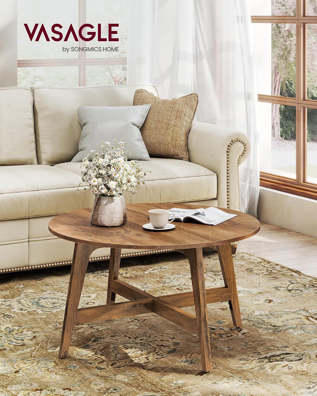 VASAGLE MAEZO Collection - Round Coffee Table, 31.5-Inch Center Table, Tapered Legs, Curved Transitions, Easy to Assemble, for Living Room, Honey Brown ULCT251KB01S