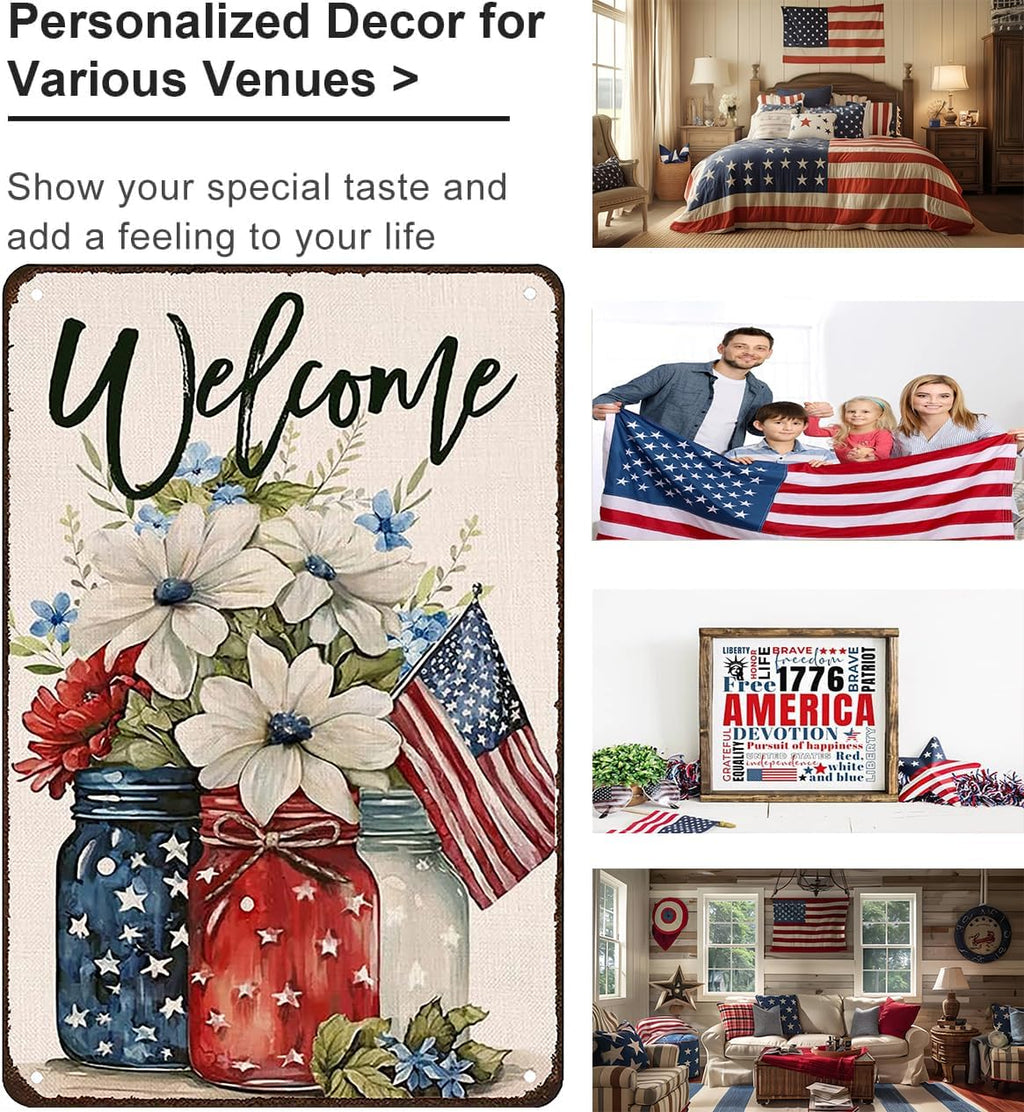 Smilelife Patriotic Floral Mason Jar USA Flag Welcome Tin Sign for Home Bedroom Man Cave Garage 4th of July Memorial Day Independence Day Decor 8 X 12 Inch (3707)