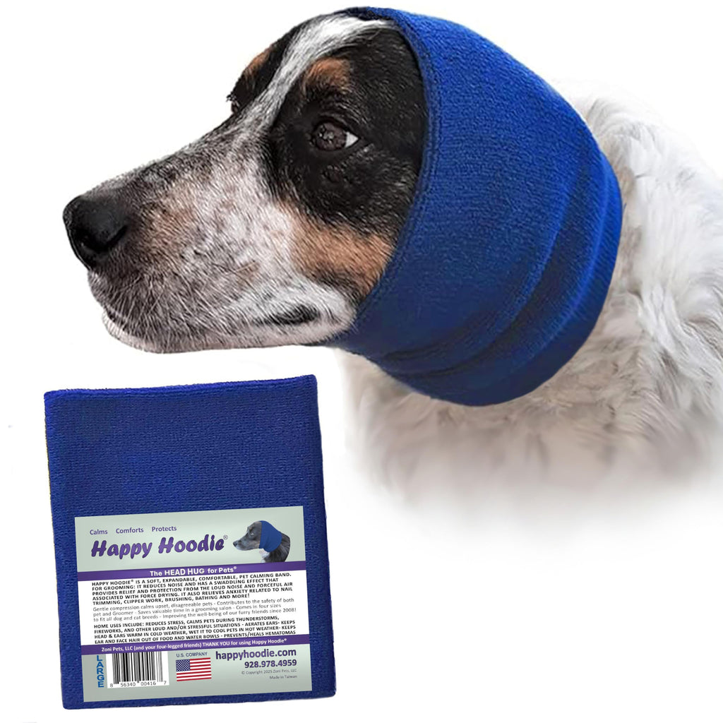 Happy Hoodie The Original Dog & Cat Calming Band - American Brand - Anxiety Relief/Noise Protection-Grooming-Thunder-Fireworks (Large, Blue) - Since 2008