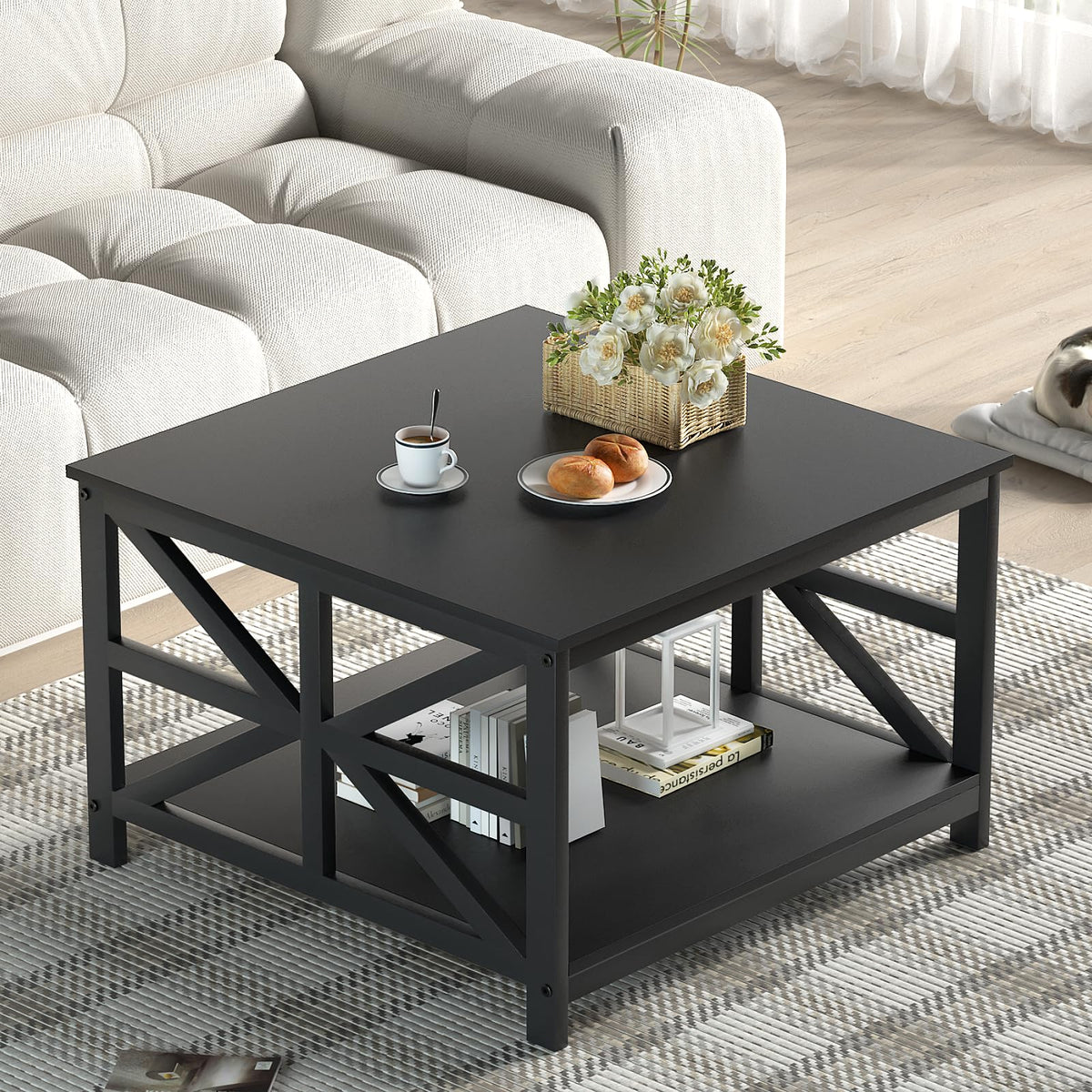GreenForest Coffee Table for Living Room with Round Corners Farmhouse Style Center Table with Storage Shelf 39 Inch Space Saving Easy Assembly Gray Wash | for Living Room