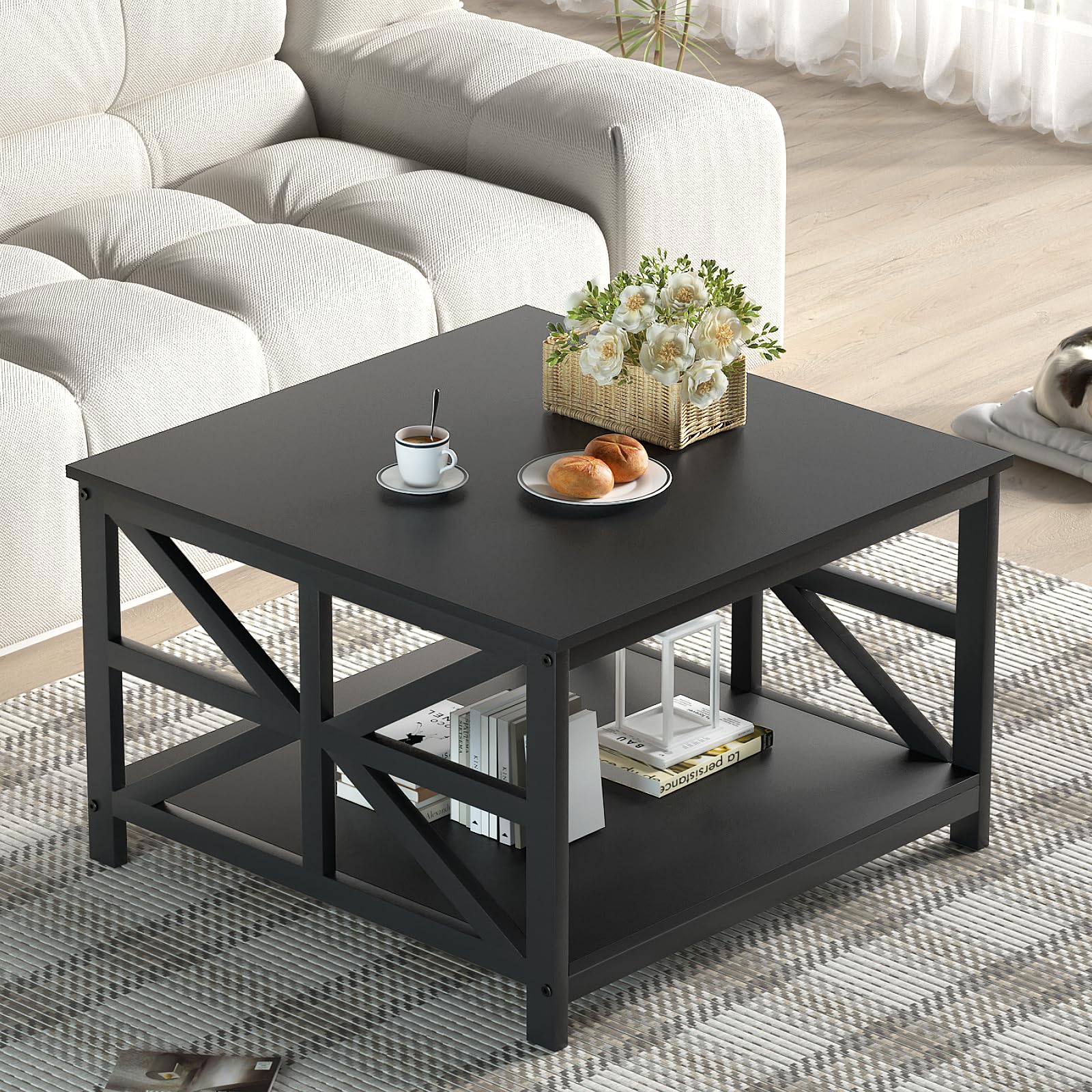 GreenForest Coffee Table for Living Room with Round Corners Farmhouse Style Center Table with Storage Shelf 39 Inch Space Saving Easy Assembly Gray Wash | for Living Room