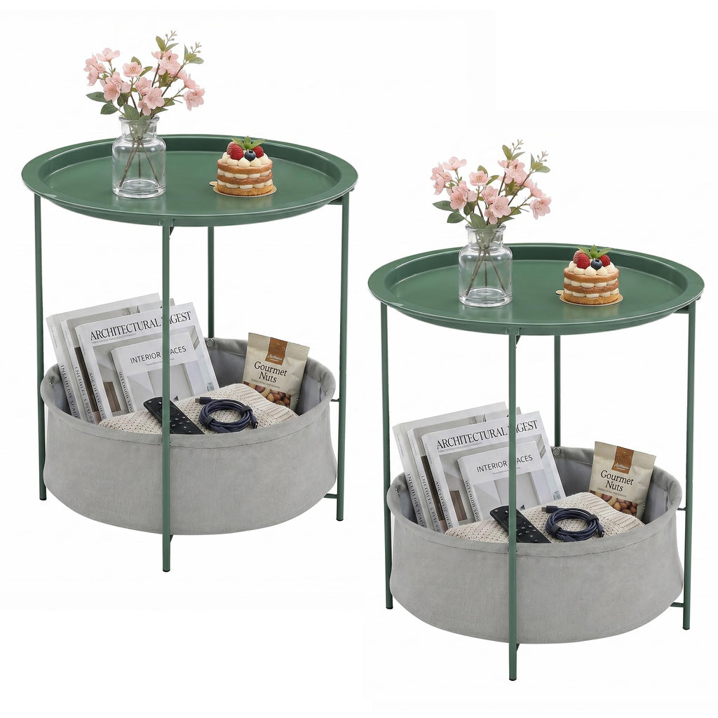 VECELO Side/End Table, Folding Round Metal Anti-Rust and Waterproof Outdoor or Indoor Tray for Living Room Bedroom Balcony and Office, 2 PCS, Dark Green