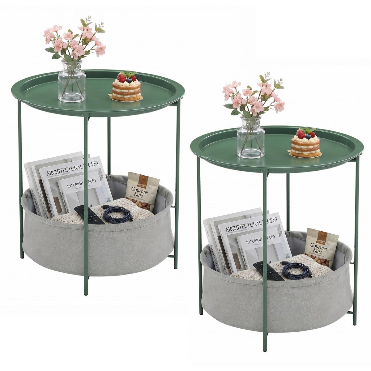 VECELO Side/End Table, Folding Round Metal Anti-Rust and Waterproof Outdoor or Indoor Tray for Living Room Bedroom Balcony and Office, 2 PCS, Dark Green
