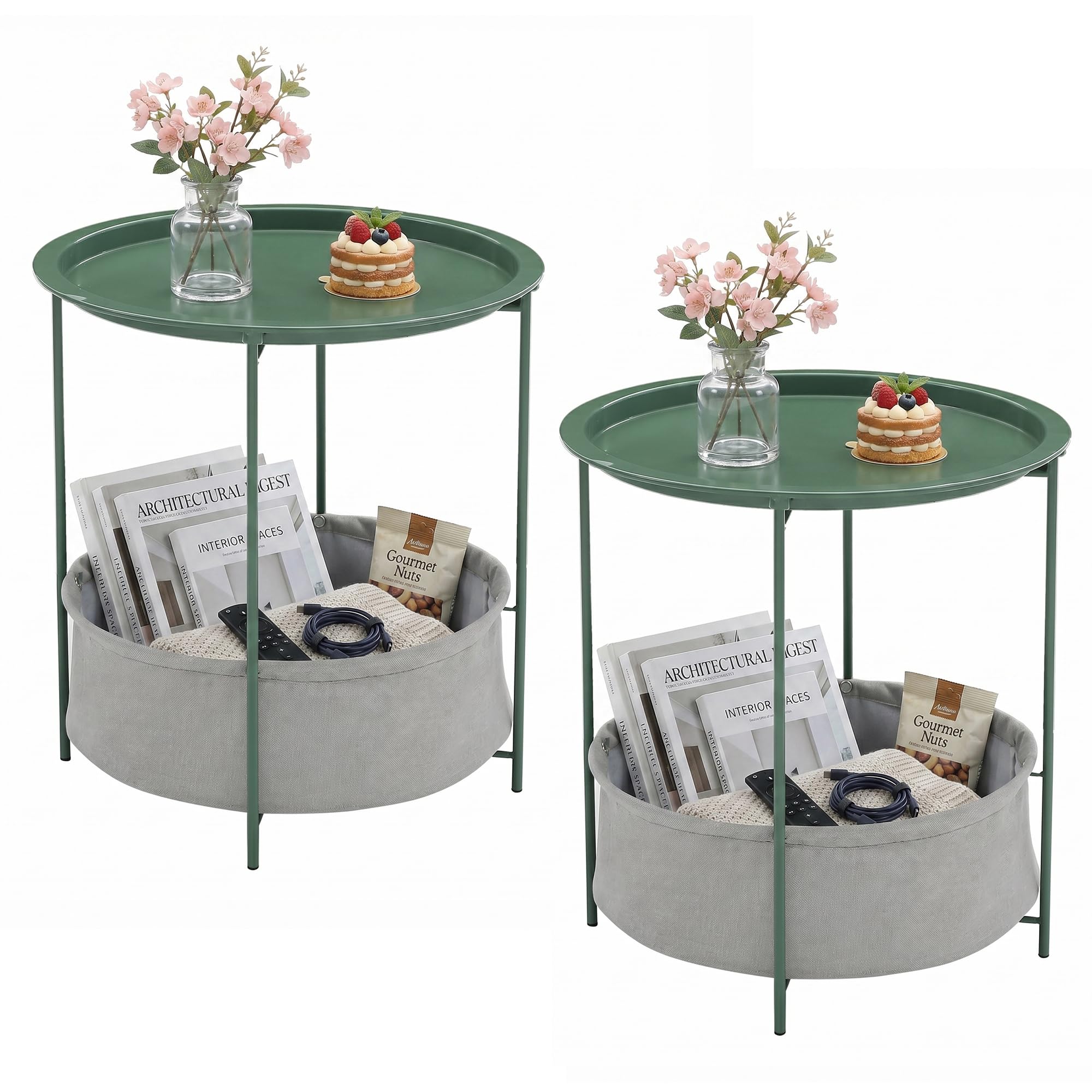 VECELO Side/End Table, Folding Round Metal Anti-Rust and Waterproof Outdoor or Indoor Tray for Living Room Bedroom Balcony and Office, 2 PCS, Dark Green