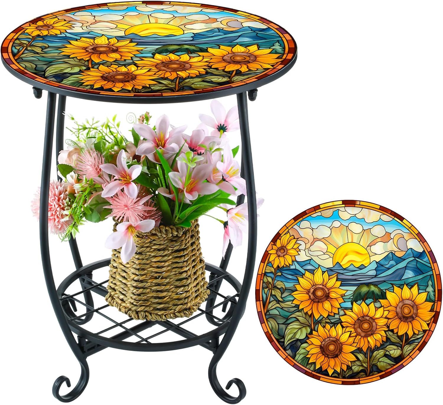 Cinnvoice Outdoor Side Table Round Small Mosaic Patio Accent Indoor End Plant Coffee Tea Table for Yard Patio Porch Garden Living Room, Bedroom(Butterfly Style,14 Inch)