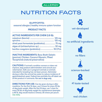 Native Pet Dog Allergy Chews - Dog Allergy Relief for Medium Breeds - Supports Seasonal Itch Relief, Healthy Immune Function & Reduces Sneezing - Colostrum, Spirulina, & Probiotics - 30 Days Supply