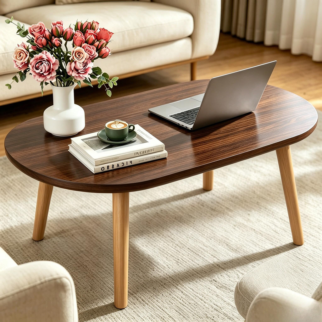 FAMIDGE Coffee Table, 23.6" Small Oval Coffee Tables for Small Space with 4 Solid Wood Leg, Floor Table Desk for Sitting on The Floor, Side Table Japanese Low Table for Living Room Apartment, Brown