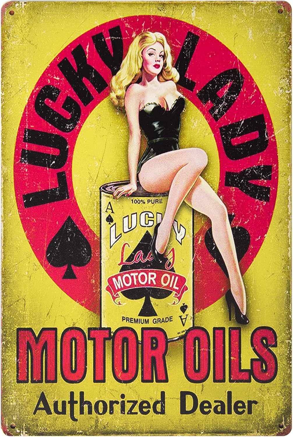 ERLOOD Lucky Lady Motor Oil Gas Service Garage Dealer Pin up Girl Retro Vintage Decor Tin Sign 12 X 8