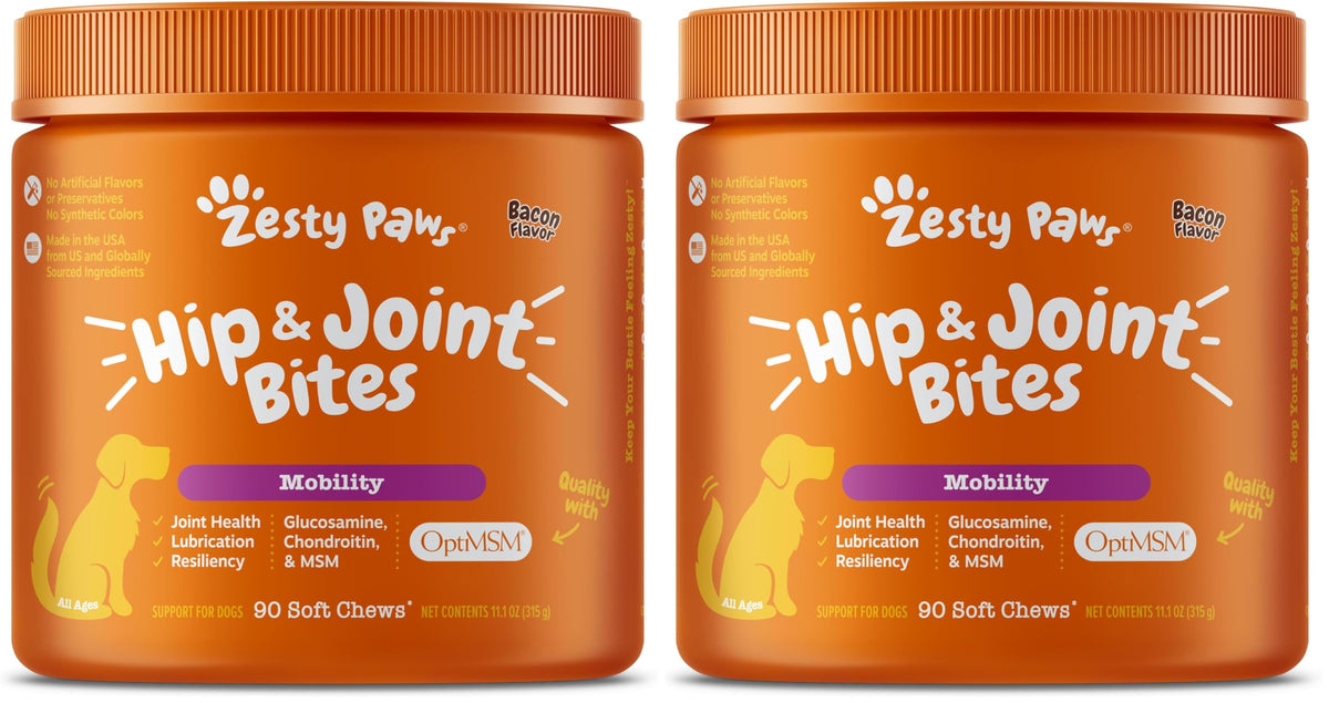 Zesty Paws Hip and Joint for Dogs, Glucosamine for Dogs Hip and Joint Supplement with Chondroitin, MSM, Vitamins C & E - Bacon, 90 Count
