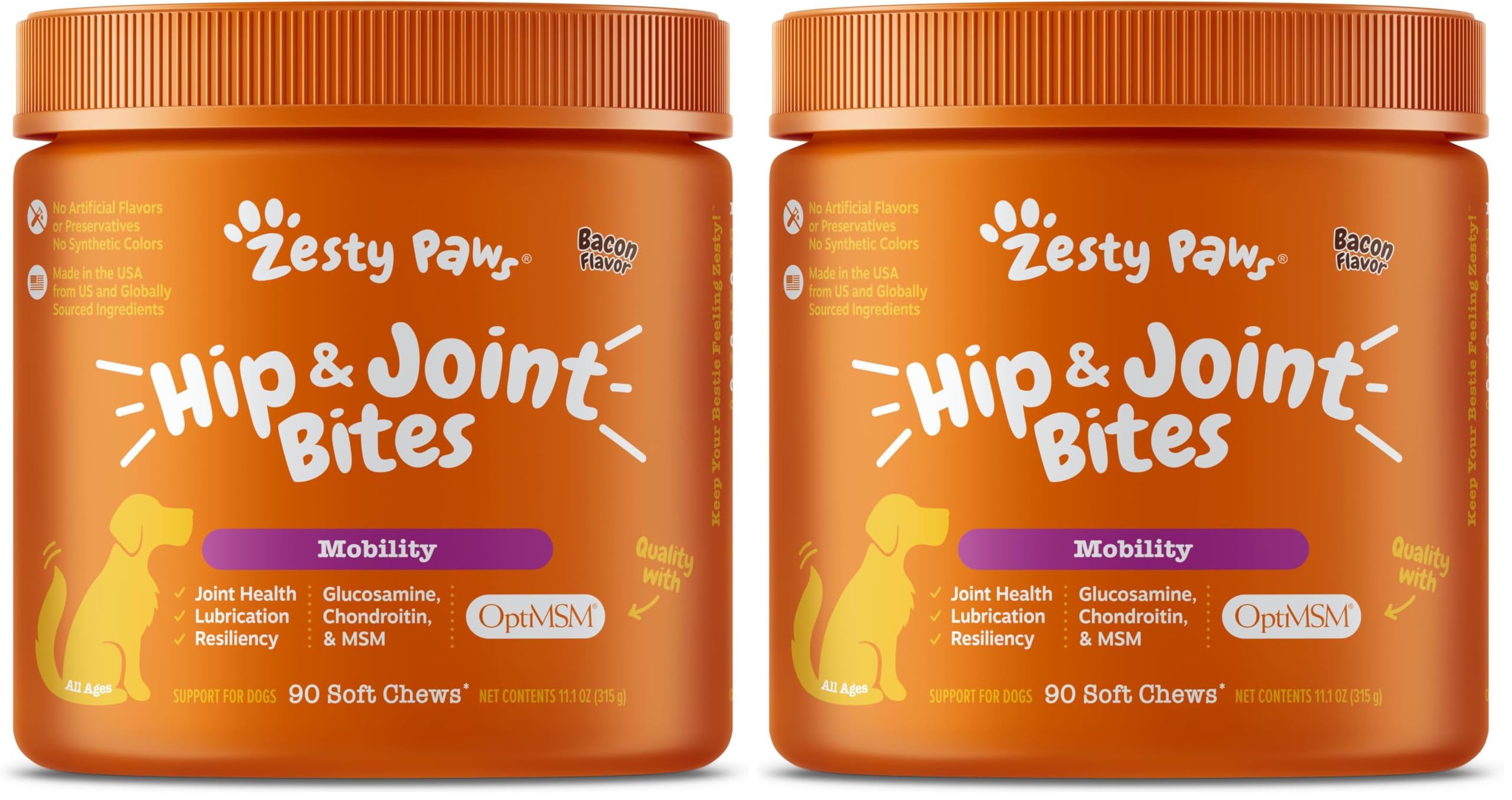 Zesty Paws Hip and Joint for Dogs, Glucosamine for Dogs Hip and Joint Supplement with Chondroitin, MSM, Vitamins C & E - Bacon, 90 Count