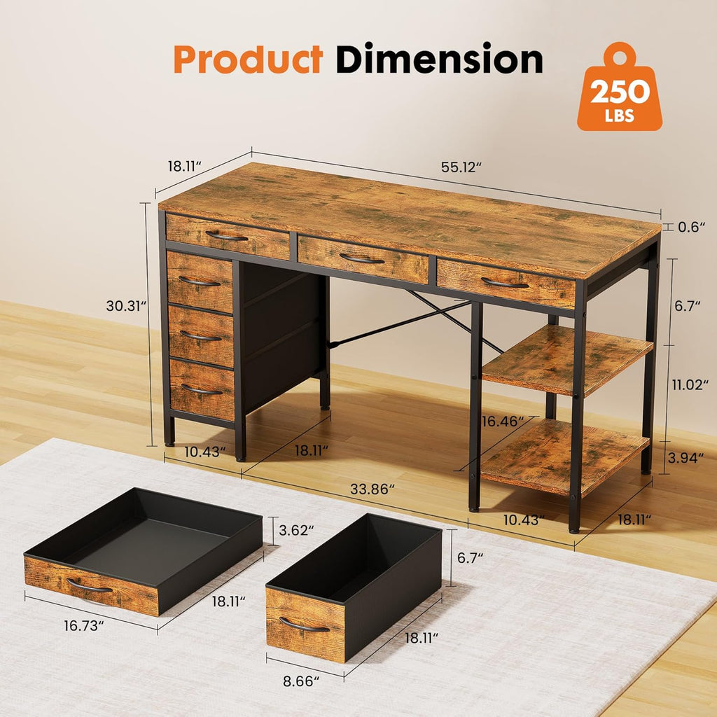 OLIXIS Computer desk with 6 Drawers, 55 inch Office workstation with Storage Shelves, Reversible Gaming setup, Corner table with Storage Drawers, Work for Home Office, Study, Living Room, Rustic Brown