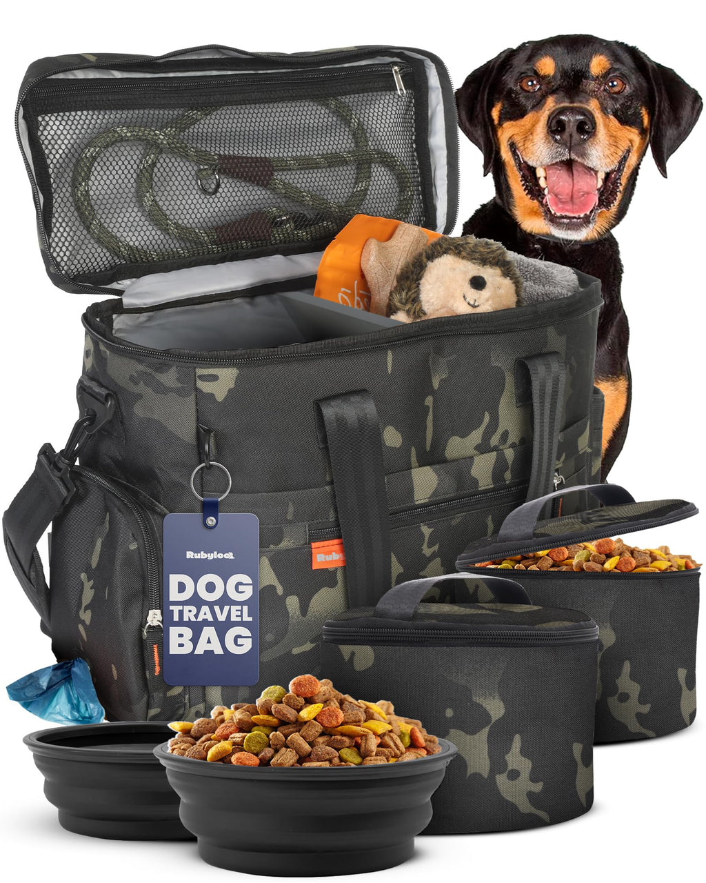 The Original Doggy Bag™ - Complete Dog Travel Bag for Supplies with 2 BPA-Free Travel Dog Bowls & 2 Pet Food Containers - Traveling Kit for Road Trips, Camping, Weekend Away or Doggy Gift: Beige