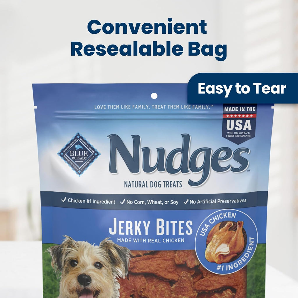 Blue Buffalo Nudges Chicken Jerky Bites Natural Dog Treats, Tender & Meaty Dog Snacks, Healthy Reward or Training Treat, Made in the USA with Real Chicken, No Artificial Preservatives, 16 oz.