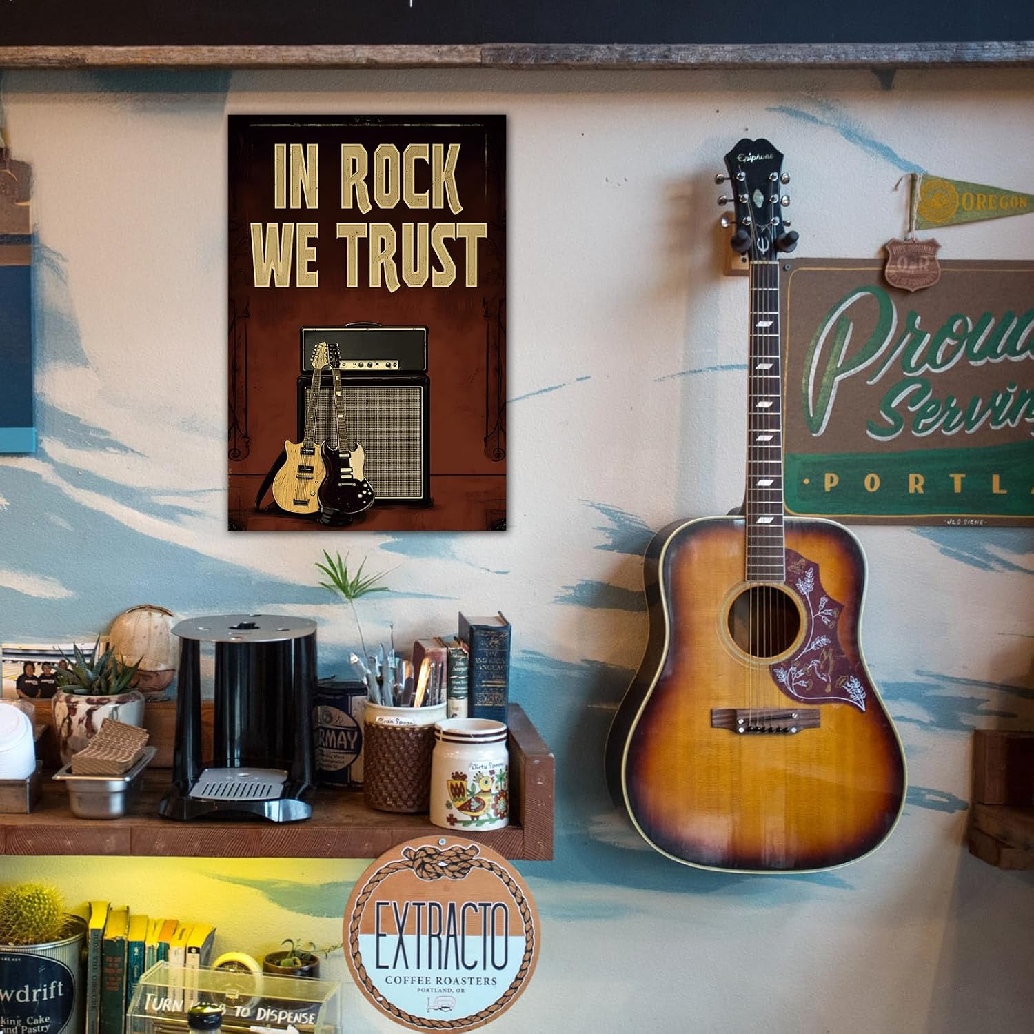 Metal Vintage Tin Signs In Rock We Trust Wall Decor Art Posters Home Decor Man Cave Kitchen Bar Pub Cafe, 8x12in