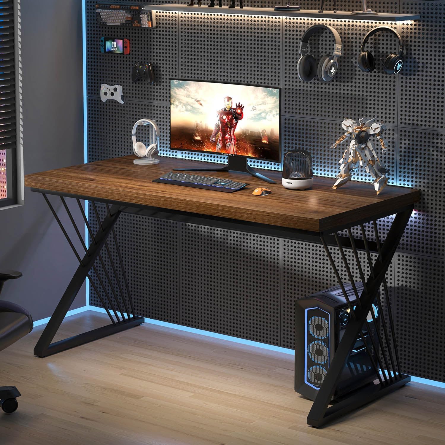 FOLUBAN Home Office Desks, Modern Wood and Metal Writing Study Work Table, Industrial Computer Desk for Bedroom Living Room, Rustic Walnut, 47 Inch
