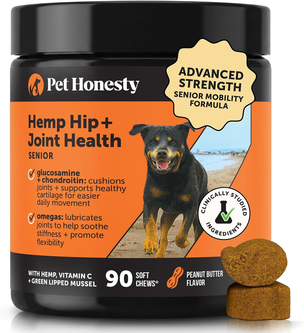 Senior Hemp Hip and Joint Supplement for Dogs - Glucosamine Chondroitin, MSM & Green Lipped Mussel - Relief for Joint Stiffness, Advanced Strength Mobility Support Senior Dogs (Peanut Butter, 90 Ct)