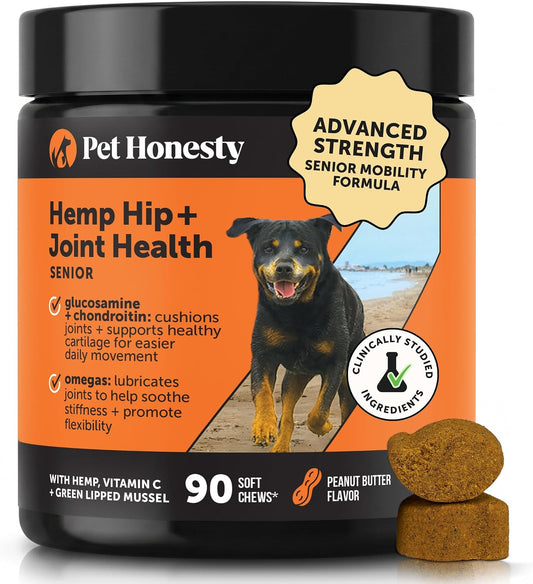Senior Hemp Hip and Joint Supplement for Dogs - Glucosamine Chondroitin, MSM & Green Lipped Mussel - Relief for Joint Stiffness, Advanced Strength Mobility Support Senior Dogs (Peanut Butter, 90 Ct)