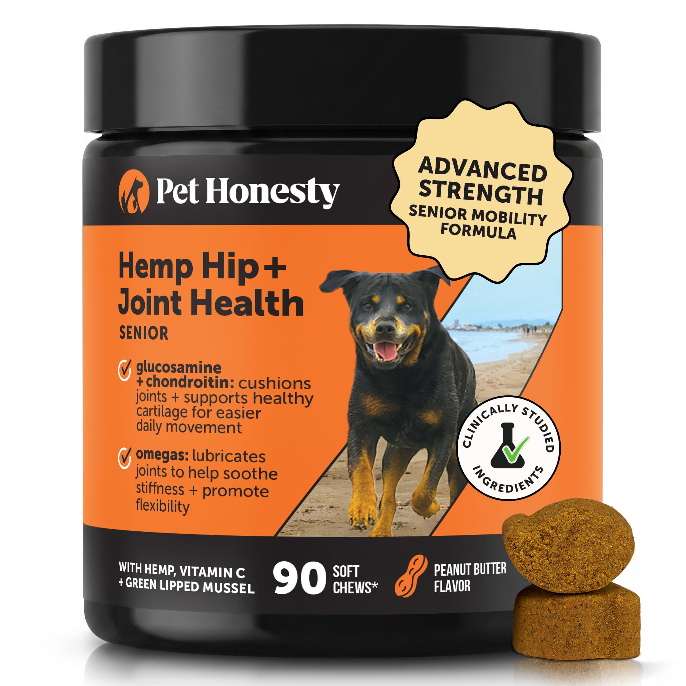 Senior Hemp Hip and Joint Supplement for Dogs - Glucosamine Chondroitin, MSM & Green Lipped Mussel - Relief for Joint Stiffness, Advanced Strength Mobility Support Senior Dogs (Peanut Butter, 90 Ct)