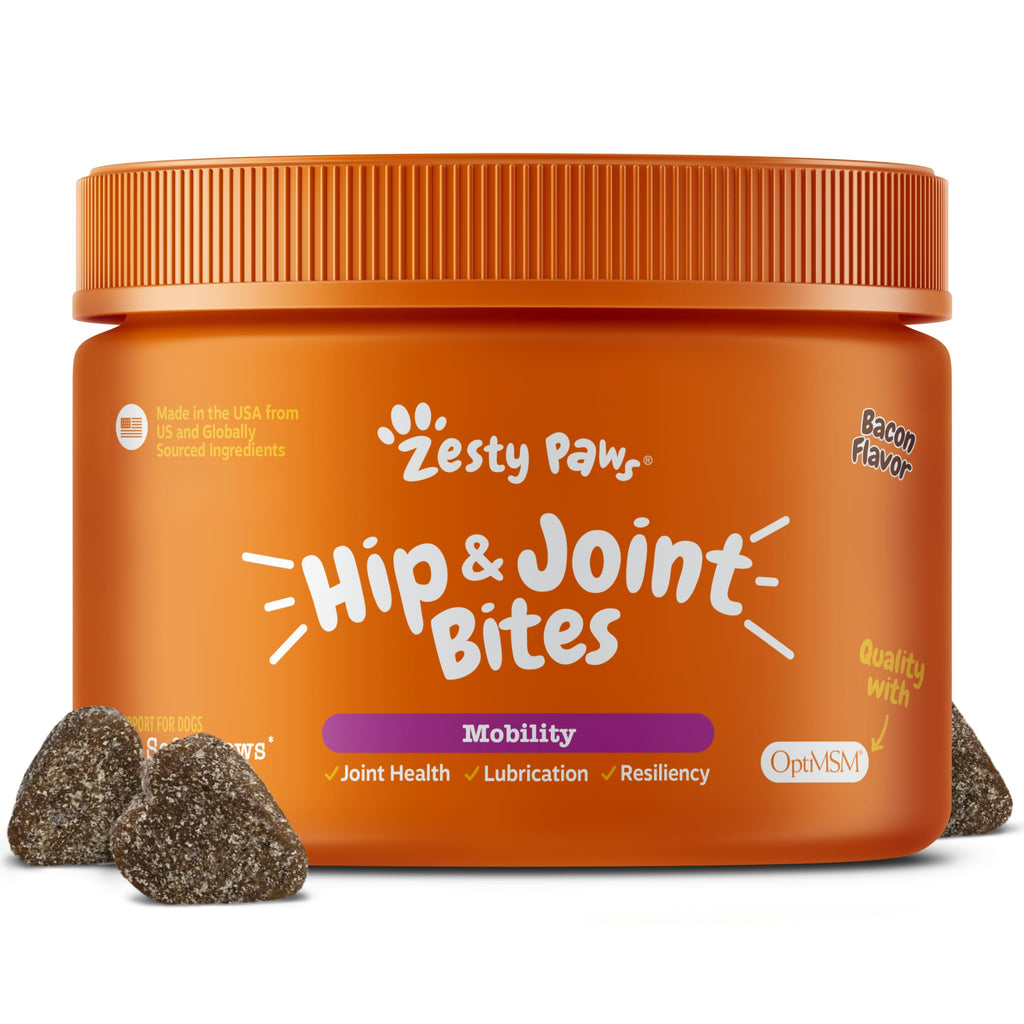 Zesty Paws Hip and Joint for Dogs, Glucosamine for Dogs Hip and Joint Supplement with Chondroitin, MSM, Vitamins C & E - Bacon, 90 Count