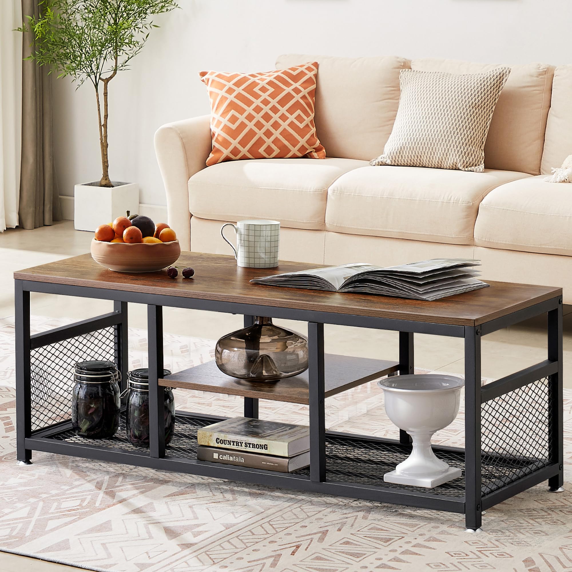 VECELO Coffee Table with 2-Tier Storage Shelf X-Frame for Living Room, Office Industrial Style,Easy Assembly, 39 inch Gold