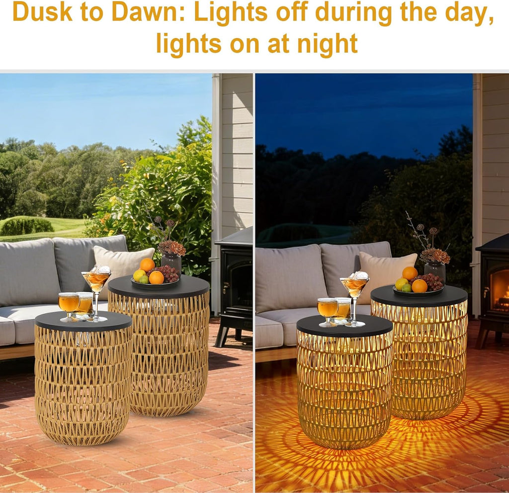 HMVPL Solar Outdoor Side Table Set of 2 with Dimmable Light, Round Patio Side Table for Outside, Outdoor End Accent Tables, Plastic Rattan Patio End Table for Poolside Backyard Gazebo, Dusk to Dawn
